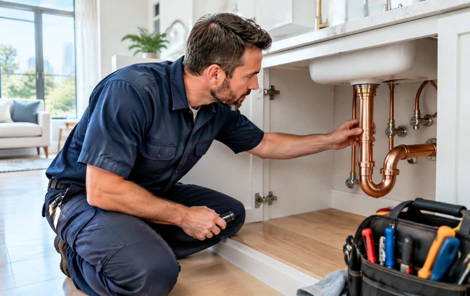 Zoeyvando Co. plumber inspecting copper pipes below a sink